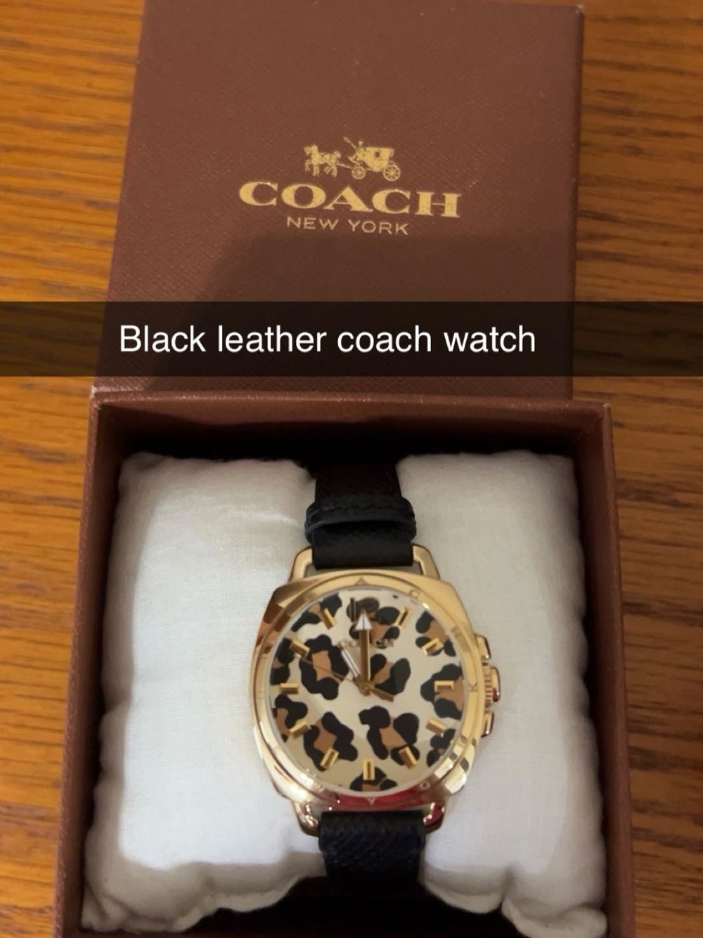 COACH Women's Black Leather Watch with Leopard-Print Dial and Gold Case